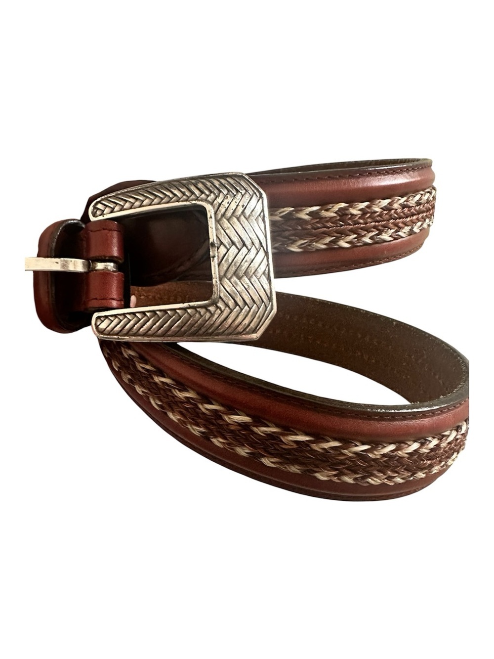 Brighton Brown Braided Leather Belt with Engraved Silver Buckle
